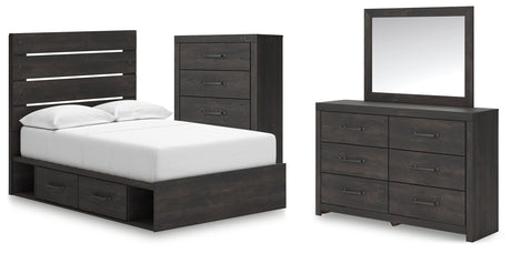 Hollivern Full Panel Bed with Storage with Mirrored Dresser and Chest in Dark Gray from Ashley - Luna Furniture