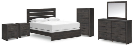 Hollivern King Panel Bed with Mirrored Dresser, Chest and 2 Nightstands in Dark Gray from Ashley - Luna Furniture