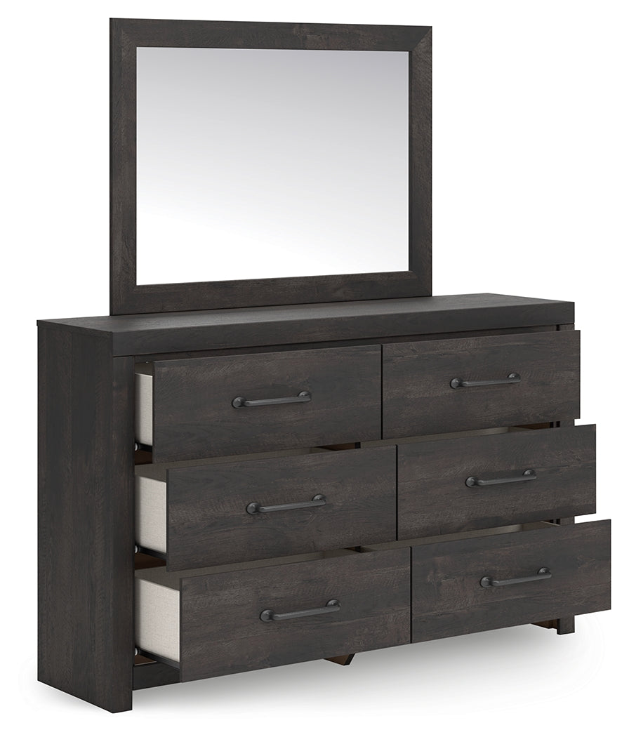 Hollivern King Panel Bed with Mirrored Dresser, Chest and Nightstand in Dark Gray from Ashley - Luna Furniture
