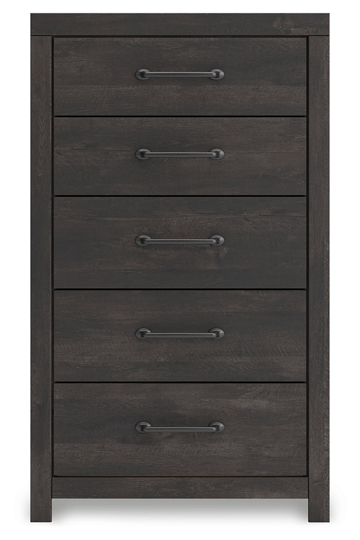 Hollivern King Panel Bed with Mirrored Dresser, Chest and Nightstand in Dark Gray from Ashley - Luna Furniture