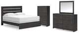 Hollivern King Panel Bed with Mirrored Dresser and Chest in Dark Gray from Ashley - Luna Furniture