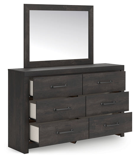 Hollivern Queen Panel Bed with Mirrored Dresser and Chest in Dark Gray from Ashley - Luna Furniture