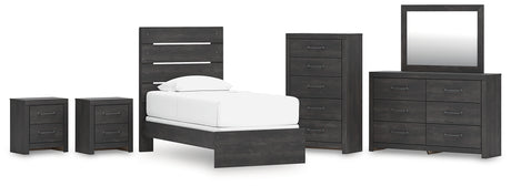 Hollivern Twin Panel Bed with Mirrored Dresser, Chest and 2 Nightstands in Dark Gray from Ashley - Luna Furniture