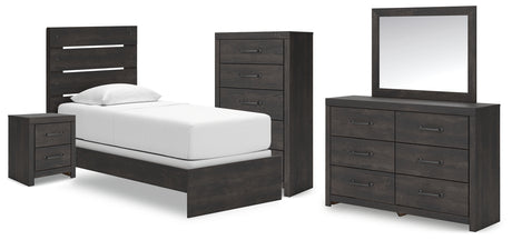 Hollivern Twin Panel Bed with Mirrored Dresser, Chest and Nightstand in Dark Gray from Ashley - Luna Furniture