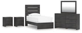 Hollivern Twin Panel Bed with Mirrored Dresser and 2 Nightstands in Dark Gray from Ashley - Luna Furniture