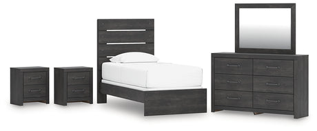 Hollivern Twin Panel Bed with Mirrored Dresser and 2 Nightstands in Dark Gray from Ashley - Luna Furniture