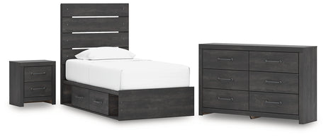 Hollivern Twin Panel Bed with Storage with Dresser and Nightstand in Dark Gray from Ashley - Luna Furniture