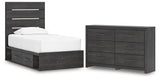 Hollivern Twin Panel Bed with Storage with Dresser in Dark Gray from Ashley - Luna Furniture