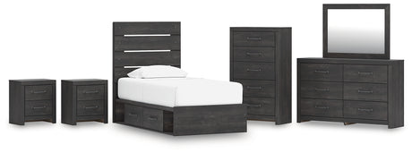 Hollivern Twin Panel Bed with Storage with Mirrored Dresser, Chest and 2 Nightstands in Dark Gray from Ashley - Luna Furniture