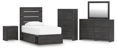 Hollivern Twin Panel Bed with Storage with Mirrored Dresser, Chest and Nightstand in Dark Gray from Ashley - Luna Furniture