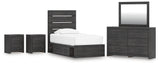 Hollivern Twin Panel Bed with Storage with Mirrored Dresser and 2 Nightstands in Dark Gray from Ashley - Luna Furniture