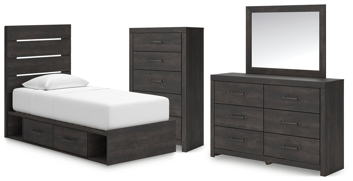 Hollivern Twin Panel Bed with Storage with Mirrored Dresser and Chest in Dark Gray from Ashley - Luna Furniture