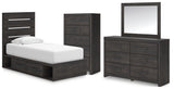 Hollivern Twin Panel Bed with Storage with Mirrored Dresser and Chest in Dark Gray from Ashley - Luna Furniture
