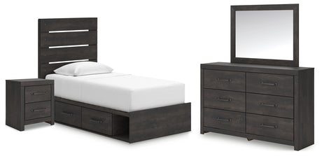 Hollivern Twin Panel Bed with Storage with Mirrored Dresser and Nightstand in Dark Gray from Ashley - Luna Furniture