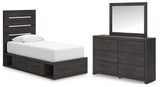 Hollivern Twin Panel Bed with Storage with Mirrored Dresser in Dark Gray from Ashley - Luna Furniture