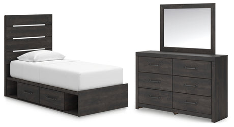 Hollivern Twin Panel Bed with Storage with Mirrored Dresser in Dark Gray from Ashley - Luna Furniture