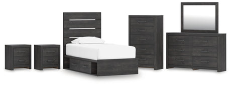 Hollivern Twin Panel Storage Bed with Mirrored Dresser, Chest and 2 Nightstands in Dark Gray from Ashley - Luna Furniture