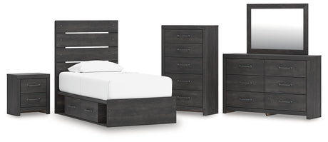 Hollivern Twin Panel Storage Bed with Mirrored Dresser, Chest and Nightstand in Dark Gray from Ashley - Luna Furniture