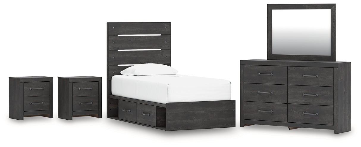 Hollivern Twin Panel Storage Bed with Mirrored Dresser and 2 Nightstands in Dark Gray from Ashley - Luna Furniture