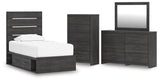 Hollivern Twin Panel Storage Bed with Mirrored Dresser and Chest in Dark Gray from Ashley - Luna Furniture