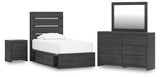 Hollivern Twin Panel Storage Bed with Mirrored Dresser and Nightstand in Dark Gray from Ashley - Luna Furniture