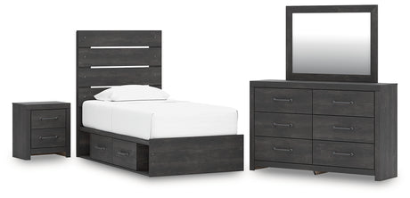 Hollivern Twin Panel Storage Bed with Mirrored Dresser and Nightstand in Dark Gray from Ashley - Luna Furniture