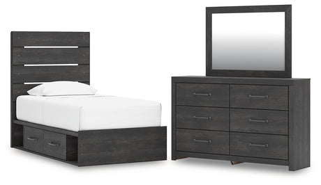 Hollivern Twin Panel Storage Bed with Mirrored Dresser in Dark Gray from Ashley - Luna Furniture