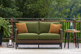 Horizon Hall Brown/Green Outdoor Loveseat with Cushion from Ashley Furniture - Luna Furniture