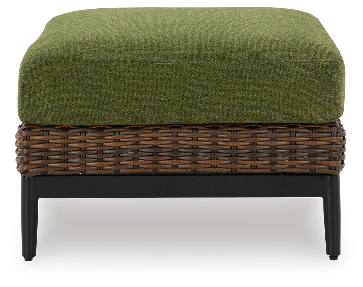 Horizon Hall Brown/Green Outdoor Ottoman with Cushion from Ashley Furniture - Luna Furniture