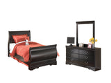Huey Vineyard Twin Sleigh Bed with Mirrored Dresser and 2 Nightstands in Black from Ashley - Luna Furniture