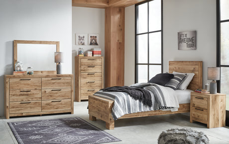 Hyanna Twin Panel Bed with Mirrored Dresser and 2 Nightstands in Tan Brown from Ashley - Luna Furniture
