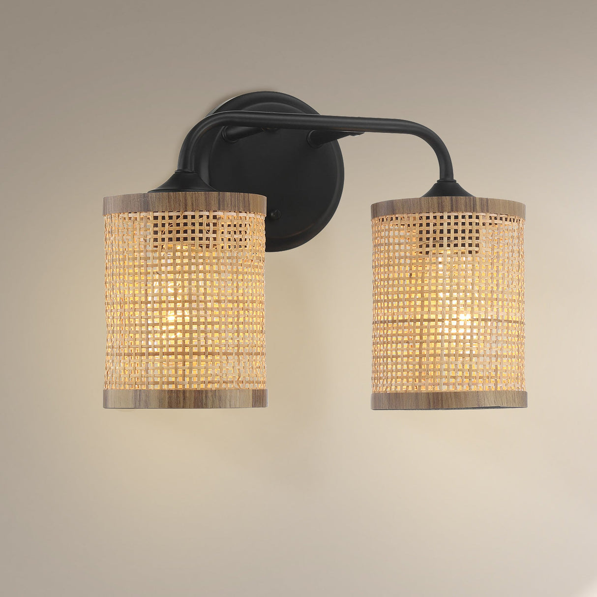 Quell 2-Light Rattan Wall Sconce with Black Metal Finish from Ashcroft Furniture - Luna Furniture