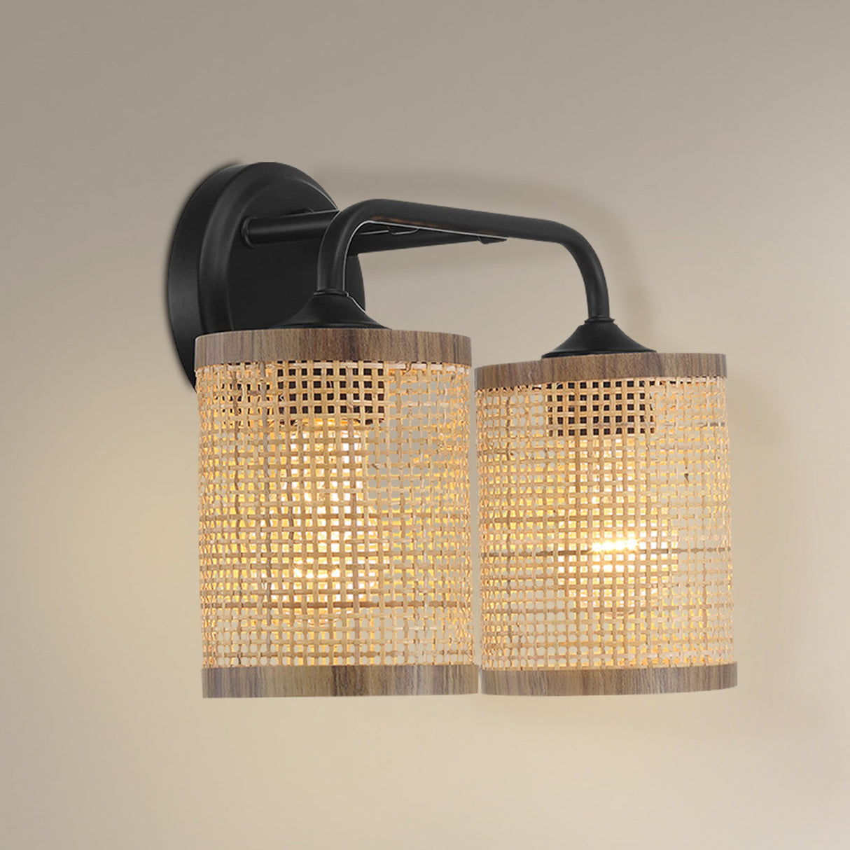 Quell 2-Light Rattan Wall Sconce with Black Metal Finish from Ashcroft Furniture - Luna Furniture