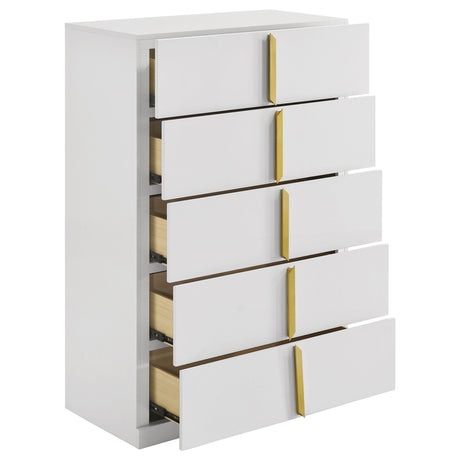 Ines White High Gloss 5-Drawer Bedroom Chest from Coaster - Luna Furniture
