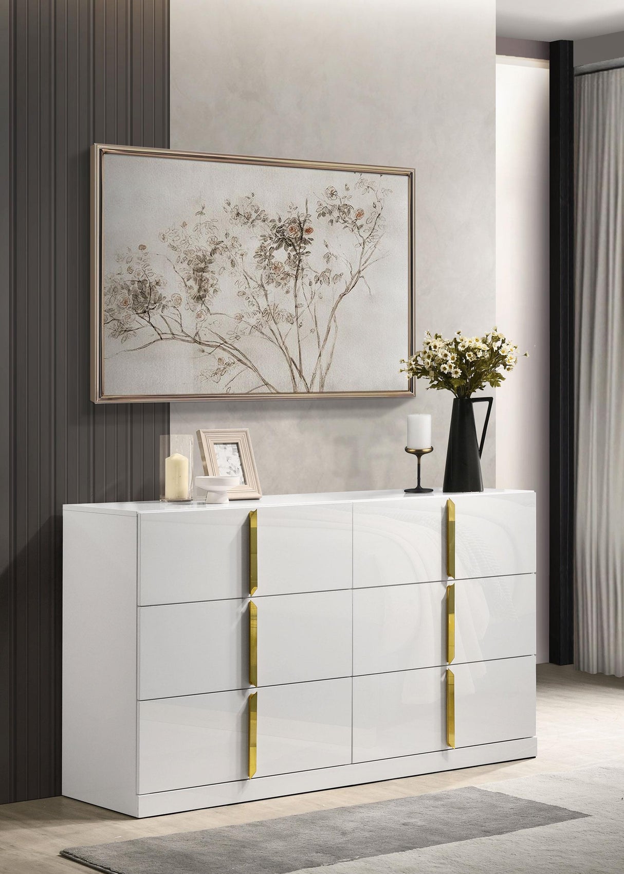 Ines - 6-Drawer Bedroom Dresser Cabinet - White High Gloss Ines - 6-Drawer Bedroom Dresser Cabinet - White High Gloss