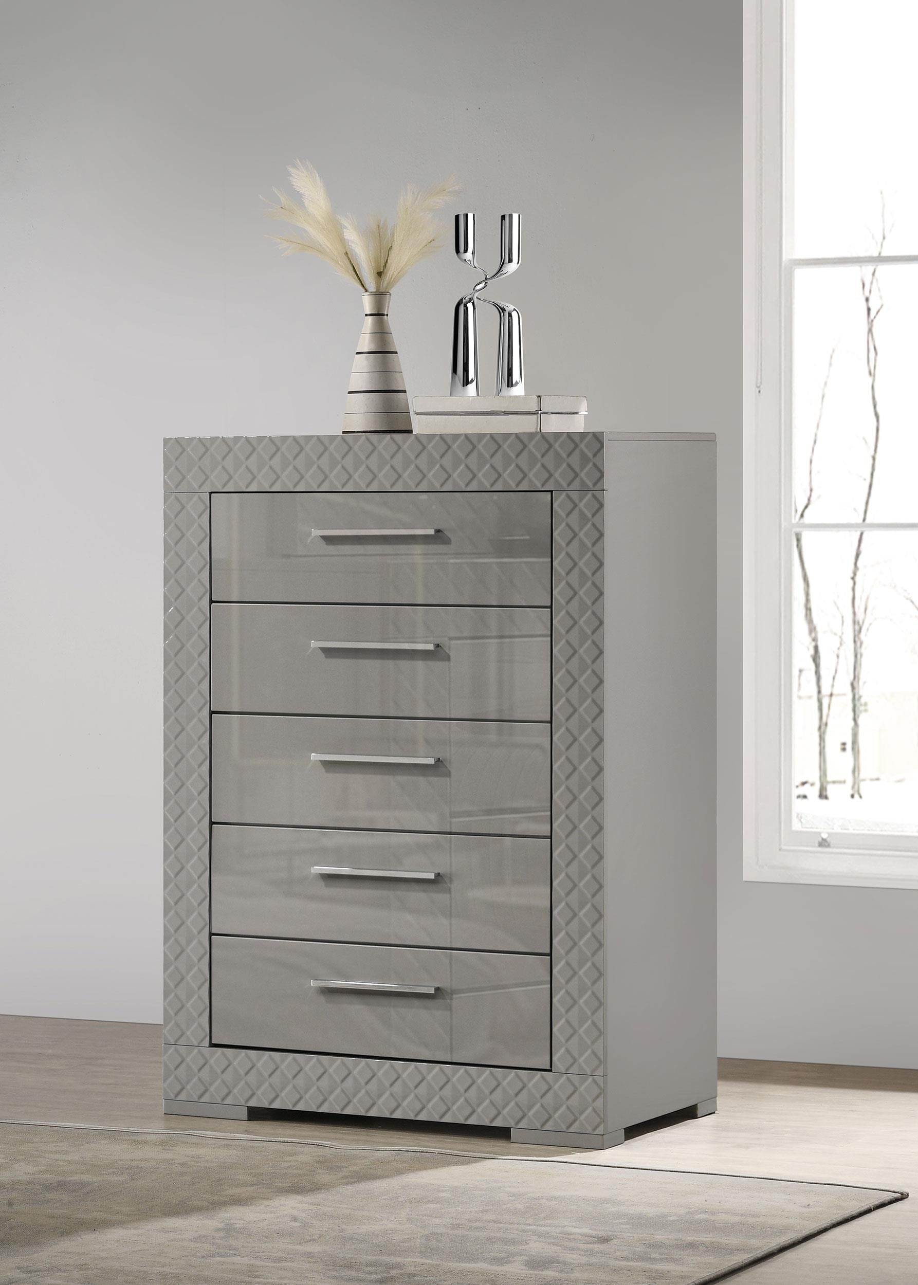 Ives Gray High Gloss 5-Drawer Bedroom Chest – Luna Furniture