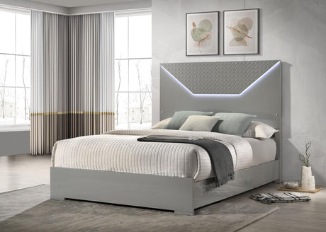 Ives Gray High Gloss Eastern King Panel Bed LED Headboard from Coaster - Luna Furniture