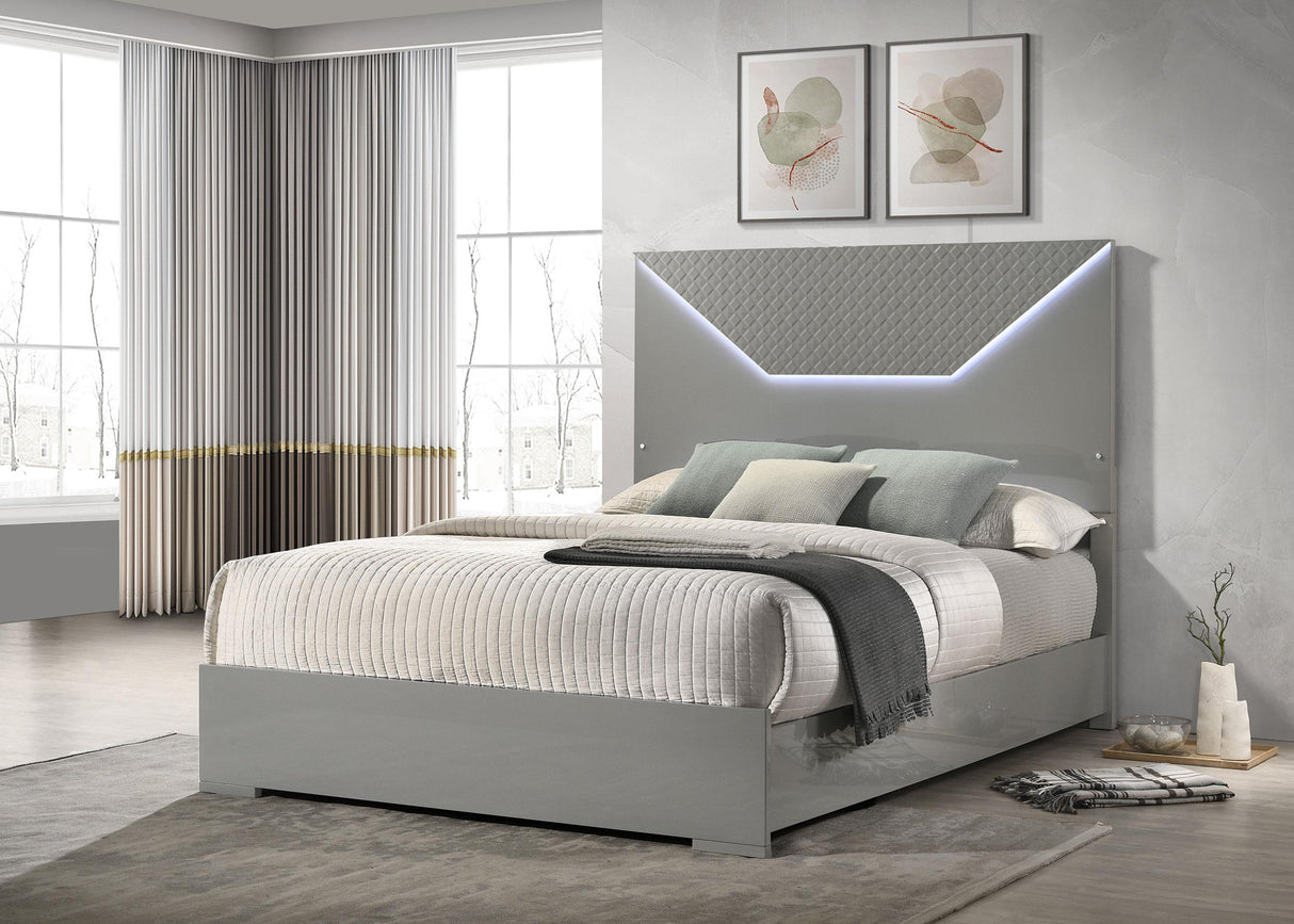 Ives Gray High Gloss Queen Panel Bed LED Headboard from Coaster - Luna Furniture
