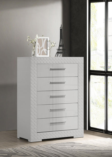 Ives White High Gloss 5-Drawer Bedroom Chest from Coaster - Luna Furniture