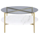 Jonelle Gold Round Glass Top Coffee Table White Marble Shelf from Coaster - Luna Furniture