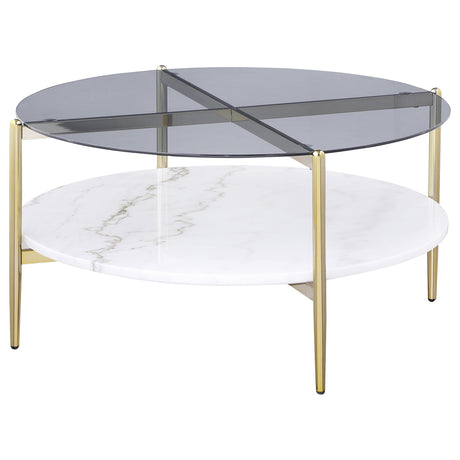 Jonelle Gold Round Glass Top Coffee Table White Marble Shelf from Coaster - Luna Furniture