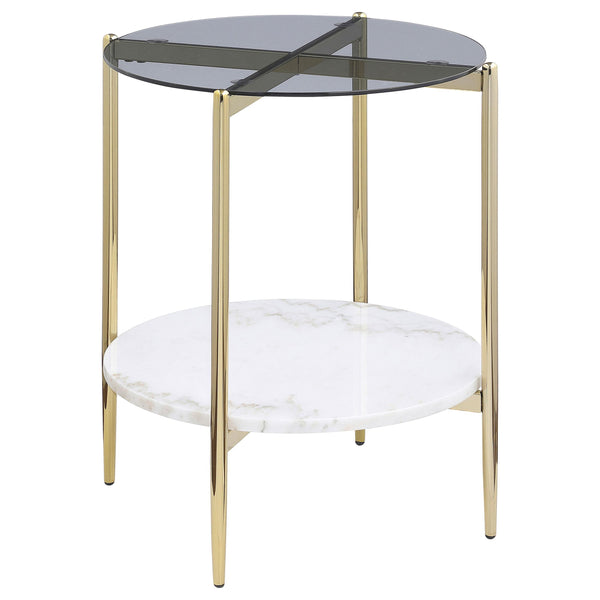 Jonelle Gold Round Glass Top End Table White Marble Shelf