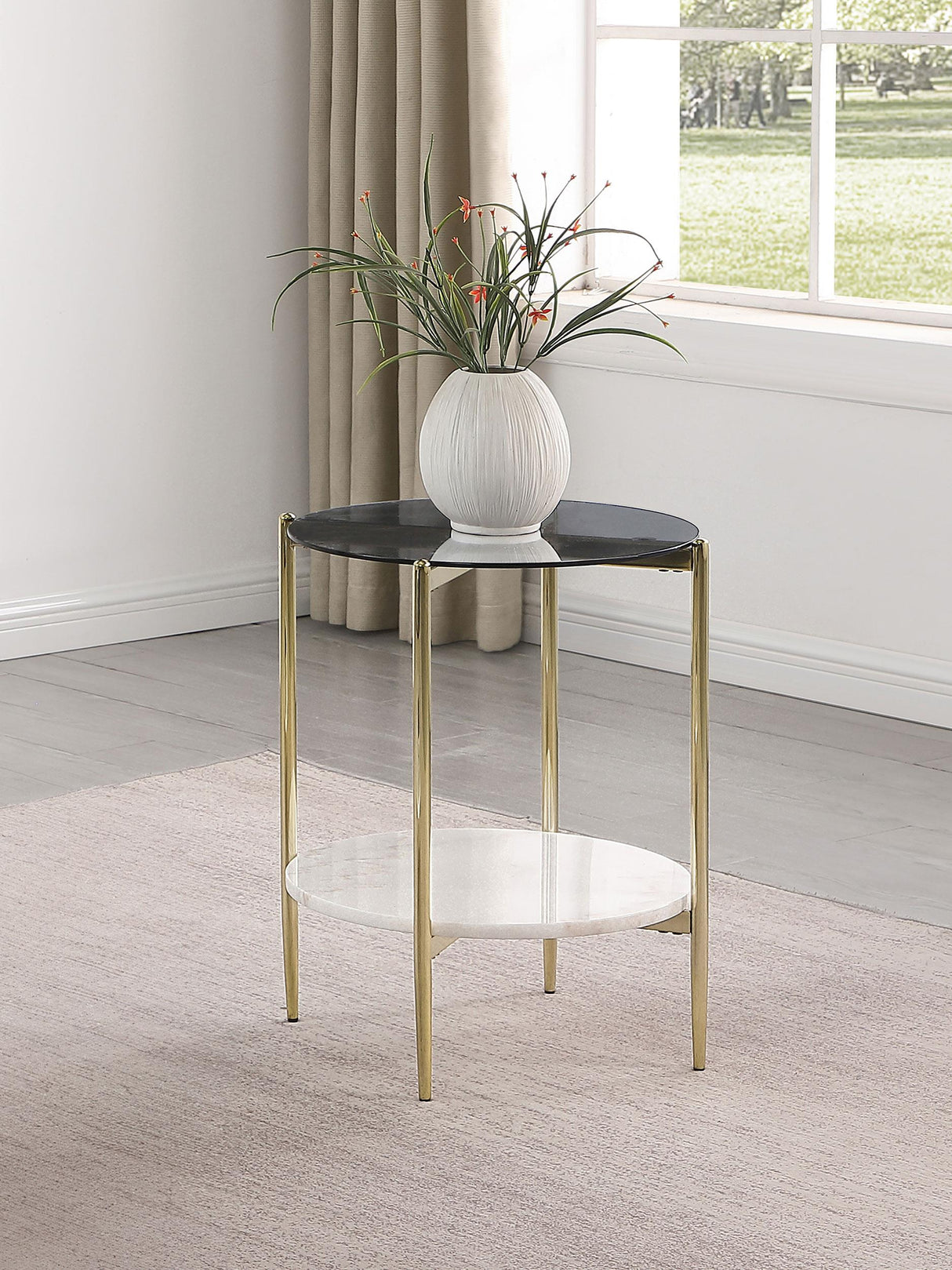 Jonelle Gold Round Glass Top End Table White Marble Shelf from Coaster - Luna Furniture