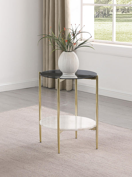 Jonelle Gold Round Glass Top End Table White Marble Shelf from Coaster - Luna Furniture