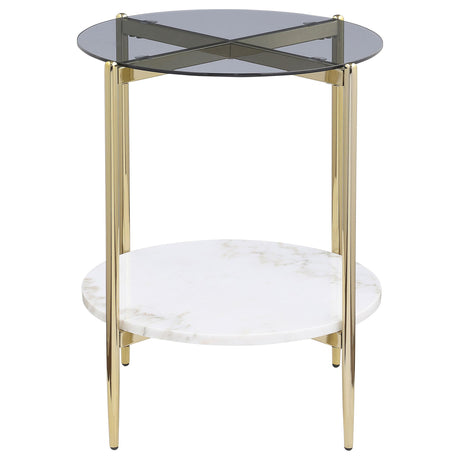 Jonelle Gold Round Glass Top End Table White Marble Shelf from Coaster - Luna Furniture