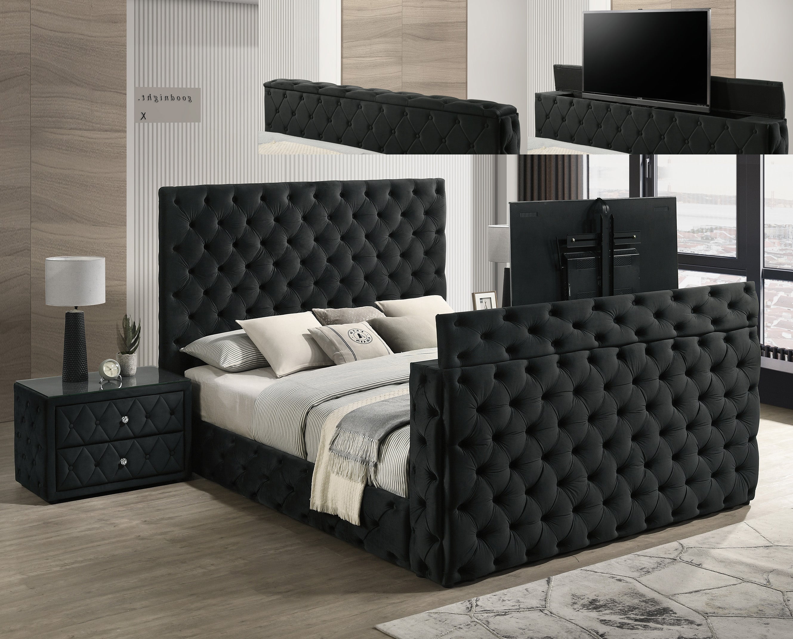 Crown Mark Josephine Black King Upholstered Panel Bed with TV Lift