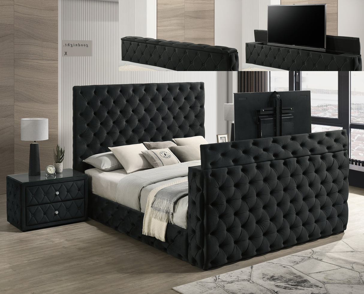Josephine Black King Upholstered Panel Bed with TV Lift from Crown Mark - Luna Furniture