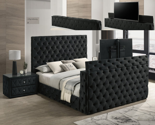 Josephine Black King Upholstered Panel Bed with TV Lift