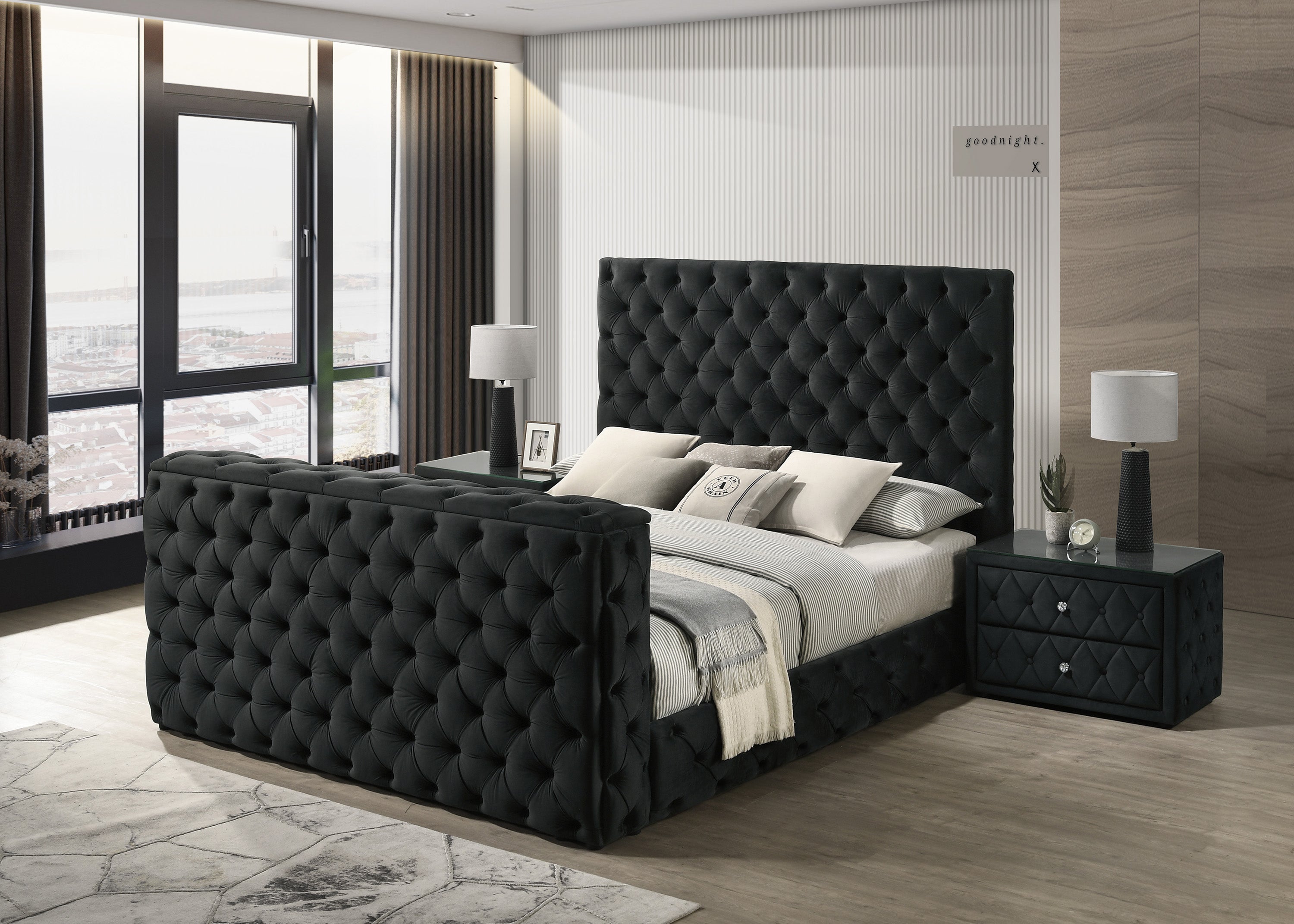Josephine Black Queen Upholstered Panel Bed with TV Lift – Luna
