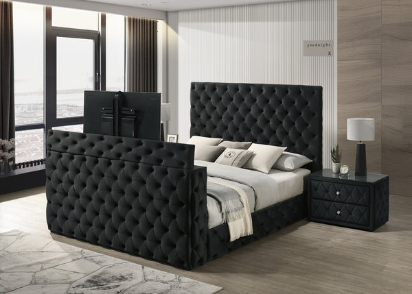 Josephine Black Queen Upholstered Panel Bed with TV Lift